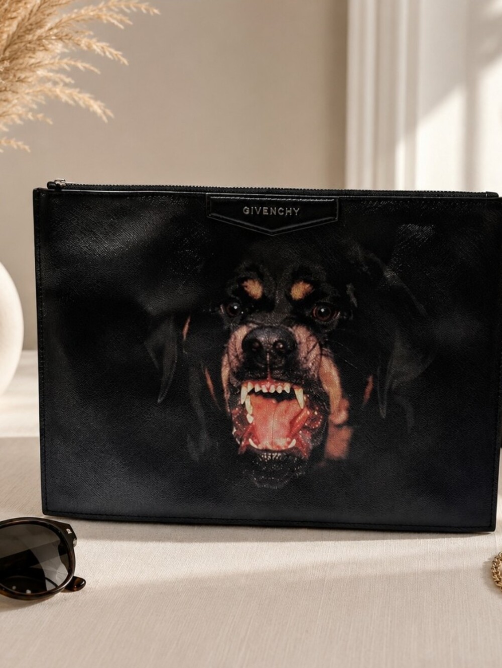Givenchy Black Rottweiler Print Document Pouch